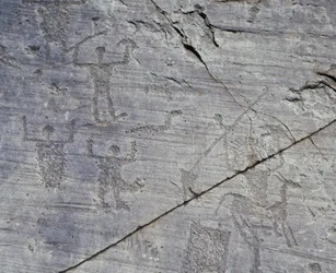 Italien, regionen Lombardiet, Valcamonica, nærbillede af helleristninger i Naquane Nationalpark
