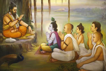 Jalaram Pratna Hindu Temple, Leicester. Fresco. Krishna og hengivne lytter til Balarama. Det Forenede Kongerige