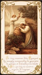 Jesus knæler i bøn i Getsemane Have, og en engel præsenterer ham en kalk. Tidligt 20. århundrede (postkort)