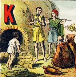 K: Kabylie. Kabylien er et land beliggende i Afrika. Det er beboet af kabyler - gravering udtrukket fra geografisk alfabet. Guerin-Muller et Cie, forlag, Paris