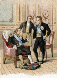 Frankrigs konge Louis XVIII (1755-1824) er meget syg og siger "kongen kan dø, han må ikke være syg" til Joseph de Villele i august 1824. 19. århundrede (kromolitografi)