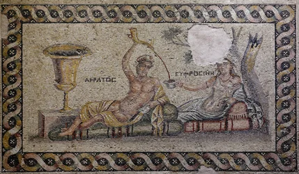 Kratos (Cratos) og Euphrosyne (Euthymia) - Mosaik, Akratos og Euphrosyne, Zeugma Mosaikmuseum, Gaziantep, Region Sydøstlige Anatolien, Anatolien, Tyrkiet, Asien