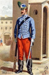L: Hussard. Indgravering i "Militæralfabet". Illustratorens initialer: A. D. Ukendt forlag. Kromolitografier sidst i det 19. århundrede. Mål: 10,5 x 7 cm.