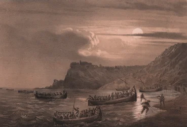 Landgang af den første flåde af Garibaldis mænd ved Fort Scilla, Calabrien