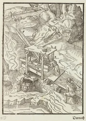 Vask af guldmalm - gravering fra beskrivelse af malme og vigtigste minedriftsmetoder, af Lazarus Ecker