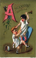 Bogstav A: Svær opstigning. Indgravering i "Alphabet des grotesques". Serie af 25 reklamekromolitografier på en dore baggrund, slutningen af det 19. århundrede. Mål: 11x7 cm