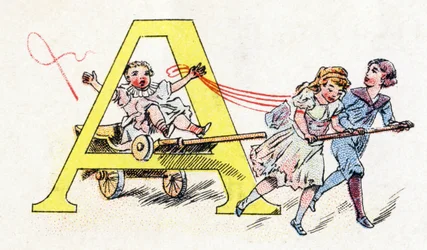 Bogstav A: Hitch Fun. Alfabet af Phosphatine Falieres. Gravering. Brevete alfabet S.G.D.G. af apoteker Pierre Emile Falieres. Illustrationer i kromolitografi, slutningen af 1800-tallet. 16 sider. Mål: 103x154mm