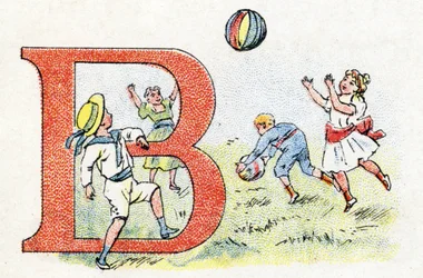 Bogstav B ballon. Alfabet af Phosphatine Falieres. Gravering. Brevete alfabet S.G.D.G. af apoteker Pierre Emile Falieres. Illustrationer i kromolitografi, slutningen af 1800-tallet. 16 sider. Mål: 103x154mm