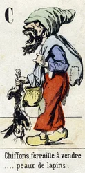 Bogstav C "Rags, metalskrot til salg... kaninskind." Alfabet "Børns sjov". Billeddannelse af Epinal, omkring 1890. Populær serie. Lille hæfte på 8 sider. Stencilerede trægraveringer med temaet små gademetier og Paris-råbene