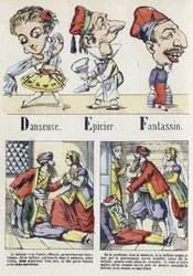 Bogstav D, E og F: danser, købmand og infanteri. Alfabet af den østlige fortælling. Billeddannelse af Epinal, omkring 1890. Populær serie. Lille hæfte på 8 sider. Mål: 205x150mm. Stencilerede træstik med temaet metier
