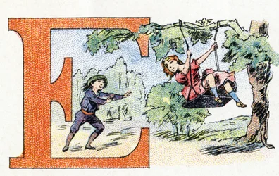 Bogstav E: Scarpolette. Alfabet af Phosphatine Falieres. Gravering. Brevete alfabet S.G.D.G. af apoteker Pierre Emile Falieres. Illustrationer i kromolitografi, slutningen af 1800-tallet. 16 sider. Mål: 103x154mm