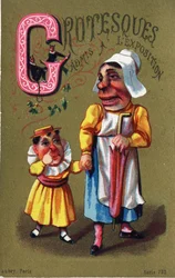 Bogstav G: Grotesker optaget på udstillingen. Indgravering i "Alphabet des grotesques". Serie af 25 reklamekromolitografier på en dore baggrund, slutningen af det 19. århundrede. Mål: 11x7 cm