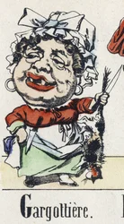 Bogstav G: gargottiere. Alfabet af den østlige fortælling. Billeddannelse af Epinal, omkring 1890. Populær serie. Lille hæfte på 8 sider. Mål: 205x150mm. Stencilerede træstik med temaet metier