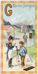 Bogstav G: gletsjer, gendarme, gazometer, barn, station, kriger, vinge, guitar. Indgravering af alfabetet redigeret af Chocolat Suchard, begyndelsen af det 20. århundrede. 24 kromolitografier, der repræsenterer steder, karakterer og genstande, der skal opd