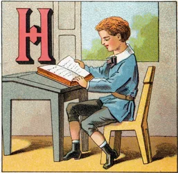 Bogstav H som Frankrigs historie. Indgravering i "Alphabet des petits ecoliers". Billeddannelse af Epinal, ca. 1885. Privee Collection