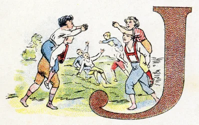 Bogstav J: Spil. Alfabet af Phosphatine Falieres. Gravering. Brevete alfabet S.G.D.G. af apoteker Pierre Emile Falieres. Illustrationer i kromolitografi, slutningen af 1800-tallet. 16 sider. Mål: 103x154mm