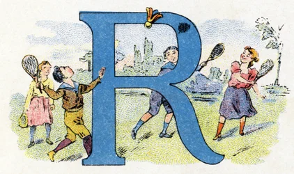 Bogstav R: Flyvende ketcher. Alfabet af Phosphatine Falieres. Gravering. Brevete alfabet S.G.D.G. af apoteker Pierre Emile Falieres. Illustrationer i kromolitografi, slutningen af 1800-tallet. 16 sider. Mål: 103x154mm