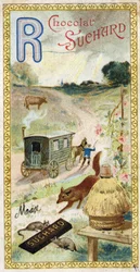 Bogstav R: rokker, drøvtygger, trailer, bikube, ræv, rotter, rose. Indgravering af alfabetet redigeret af Chocolat Suchard, begyndelsen af det 20. århundrede. 24 kromolitografier, der repræsenterer steder, karakterer og genstande, der skal opdages i billed