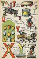 Bogstaver T , U , V , X , Y og Z . Indgravering i "ABC Toys". Epinal billeddannelse i kromolitografi, ca. 1890. Lille hæfte på 8 sider. Mål: 195x135mm, beregnet til at modtage en annonce i 4. omslag. Bruges derhjemme, det tilbyder en berømt abecedar og en 