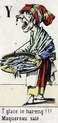 Bogstav Y: "is silden!!! Beskidt makrel". Alfabet "Børns sjov". Billeddannelse af Epinal, omkring 1890. Populær serie. Lille hæfte på 8 sider. Stencilerede trægraveringer med temaet små gademetier og Paris-råbene