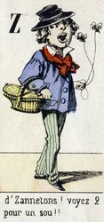 Bogstav Z: "af Zannetons! Se 2 for en skilling!! "Alfabet "Børnesjov". Billeddannelse af Epinal, omkring 1890. Populær serie. Lille hæfte på 8 sider. Stencilerede trægraveringer med temaet små gademetier og Paris-råbene
