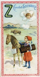 Bogstav Z: zefir, zouave, zebu, zebra, nul. Indgravering af alfabetet redigeret af Chocolat Suchard, begyndelsen af det 20. århundrede. 24 kromolitografier, der repræsenterer steder, karakterer og genstande, der skal opdages i billedet. Mål: 105x55mm