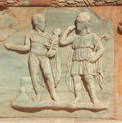 Libyen, Historisk Tripolitanien, Ancient Sabratha, Teater, Detalje af relief