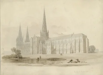 Lichfield Cathedral - South East View: tegning og vask, nd [?19th cent]