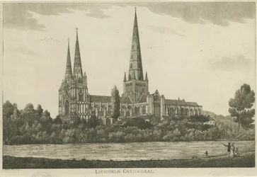 Lichfield Cathedral - South View: akvatintegravering, nd [c 1820-1830]