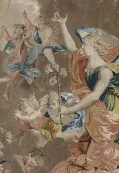 Jomfruens liv: "Bebudelsen"" - Detaljetapet af uld og silke lavet på Pierre Damours værksted efter tegningerne af Charles Poerson (1609-1667)