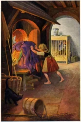 Litteratur. Eventyr. Hans og Grete og heksen. Illustration af Otto Kubel til fortællingen om brødrene Grimm. Postkort, Tyskland, ca. 1900 (postkort)