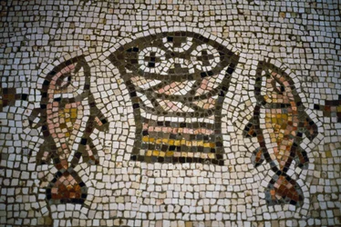 Brød og fisk, mosaik i multiplikationskirken, 4. århundrede, Tabgha, Israel