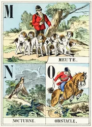 M N O : Meute, Nocturne, Hindring - Jagtalfabetet, ca. 1890 (gravering)