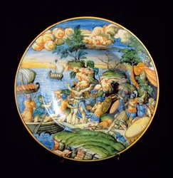Maiolica-plade, der forestiller bortførelsen af Helena af Troja, italiensk