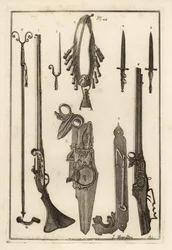 Matchlock-musket, lås og bajonet fra Tower of London 1-3, bajonet 4, musketstøtte og bajonet 5, musketstøtte 6, bandilere og pudderkolbe 7, hjullås 8,9 og skruenøgle 10