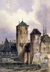 Middelalderby ved Rhinen, ca. 1850-1900 (akvarel)