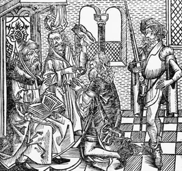 Muhammed ved hoffet, tysk træsnit, fra Nürnberg Chronicle (Liber Chronicarum) af Hartmann Schedel