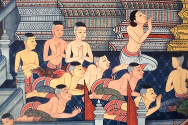 Munke. Vægmaleri på indervæggene i Vihara fra kong Rama III