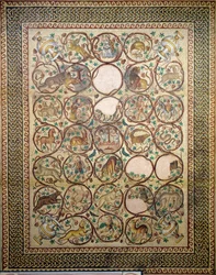 Mosaik af Quabr Hiram fra gulvet i det centrale skib i St. Christopher-kirken, 575 (mosaik)