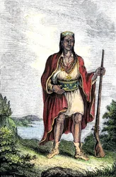 Amerikas oprindelige befolkning: Indianere i USA. Metacomet (ca. 1639-1676), også kendt som King Philip eller Metacom, høvding for Wampanoag (Massachusetts, New England). Farvestik.