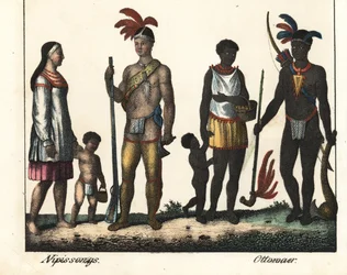 Indfødt i Canada: en familie af indianere fra Nipissing-søen og en familie af indianere fra Ottawa-området. Litografi til bogen: "Galerie complete en tableaux fideles des peuples d