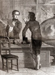 Nicéphore Niépce, mens den stadig er ukendt og fattig, i Charles Chevaliers optik- og instrumentbutik, fra Les Merveilles de la Science, udgivet ca. 1870 (gravering)
