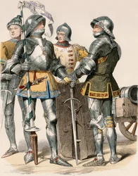 Ædle riddere af Duche de Bougogne (Frankrig), i rustning og våben, med en kanon
