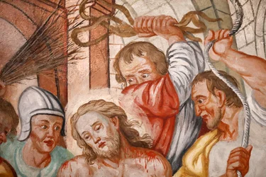 Our Lady of the Assumption of Cordon Church. Fresco. Kristi flagelation. Frankrig. Frankrig.