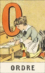 O: Ordre - Indgravering taget fra ABCD af små piger. Pellerin & Cie, trykkeri-udgiver, Epinal, omkring 1890. Serie A. Mål: 19 x 13,5 cm.