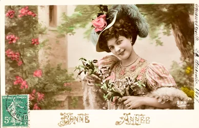 Gamle postkort/lykkeligt år/Wish/Woman Belle Epoque