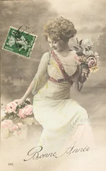 Gammelt postkort/Godt år/Ønske/Woman Belle Epoque