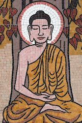 Ong Nui buddhistiske pagode, vægfresko, Buddhas liv, Shakyamuni Buddha, der sidder i meditationsstillingen under Bodhi-træet, Quy Nhon, Vietnam, 2019 (foto)