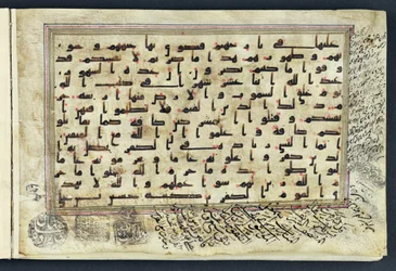 Side fra en Koran med kufisk skrift og diakritiske tegn i rødt, 9.-10. århundrede (vellum) (se også 131331)
