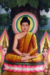 Maleri, der forestiller Buddha, der mediterer Udong Cambodge